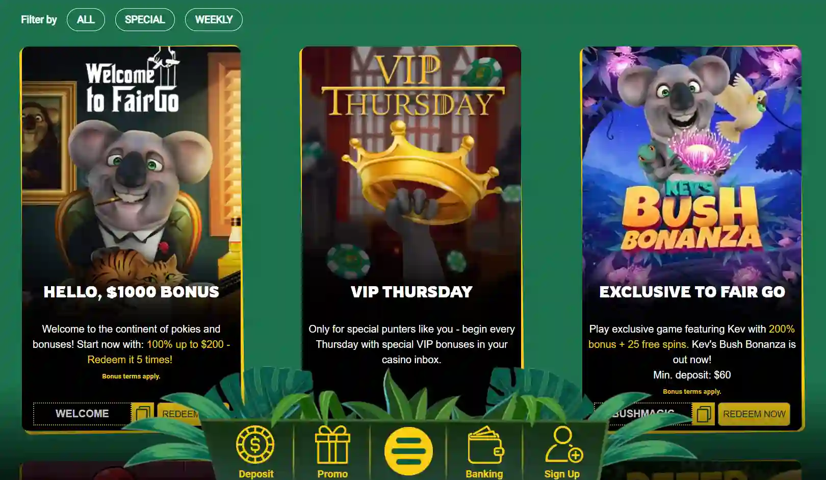Fair Go Casino promotions area showing current cashback and Fair Draw promotion headlines