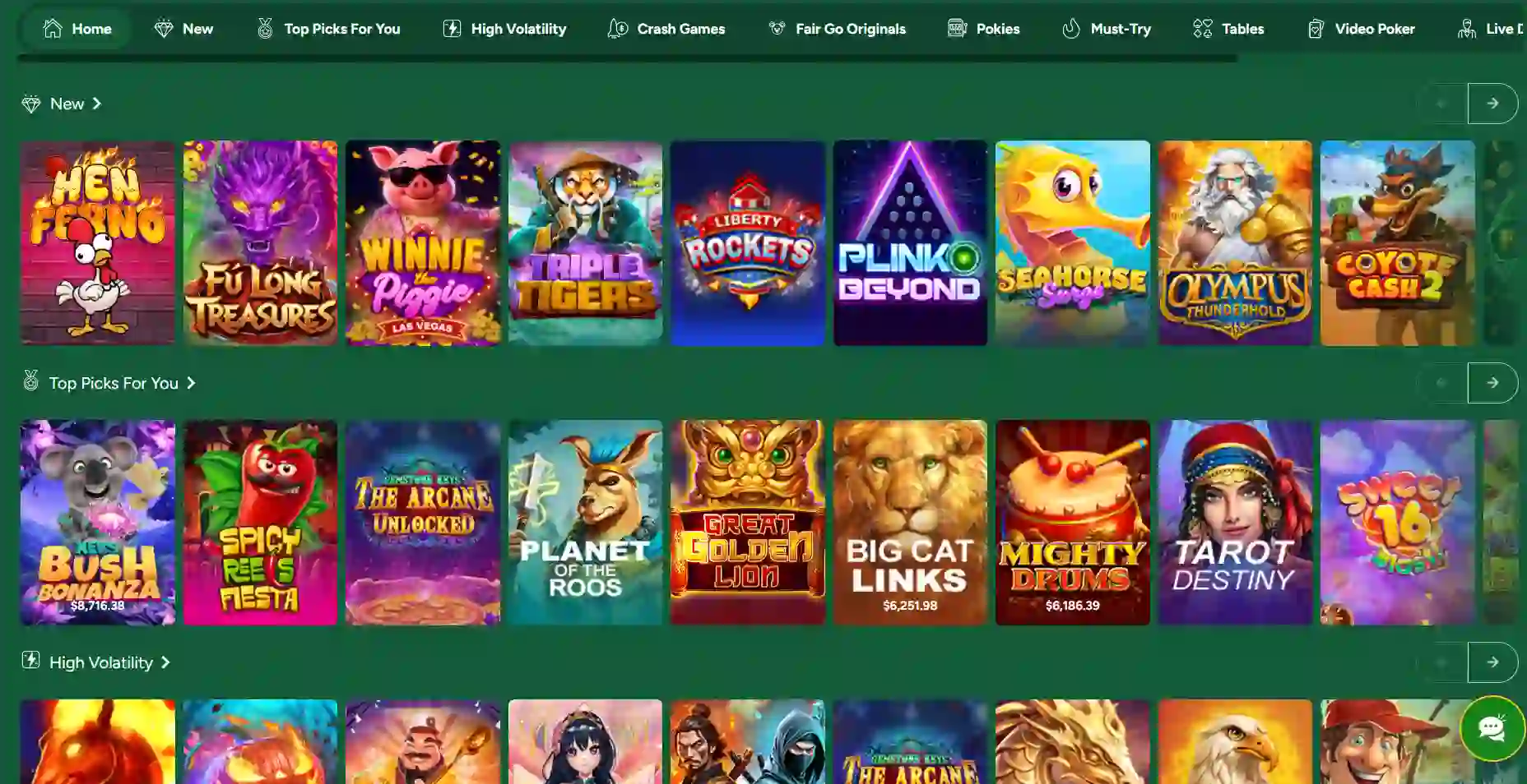 Current Fair Go Casino lobby showing representative pokie tiles