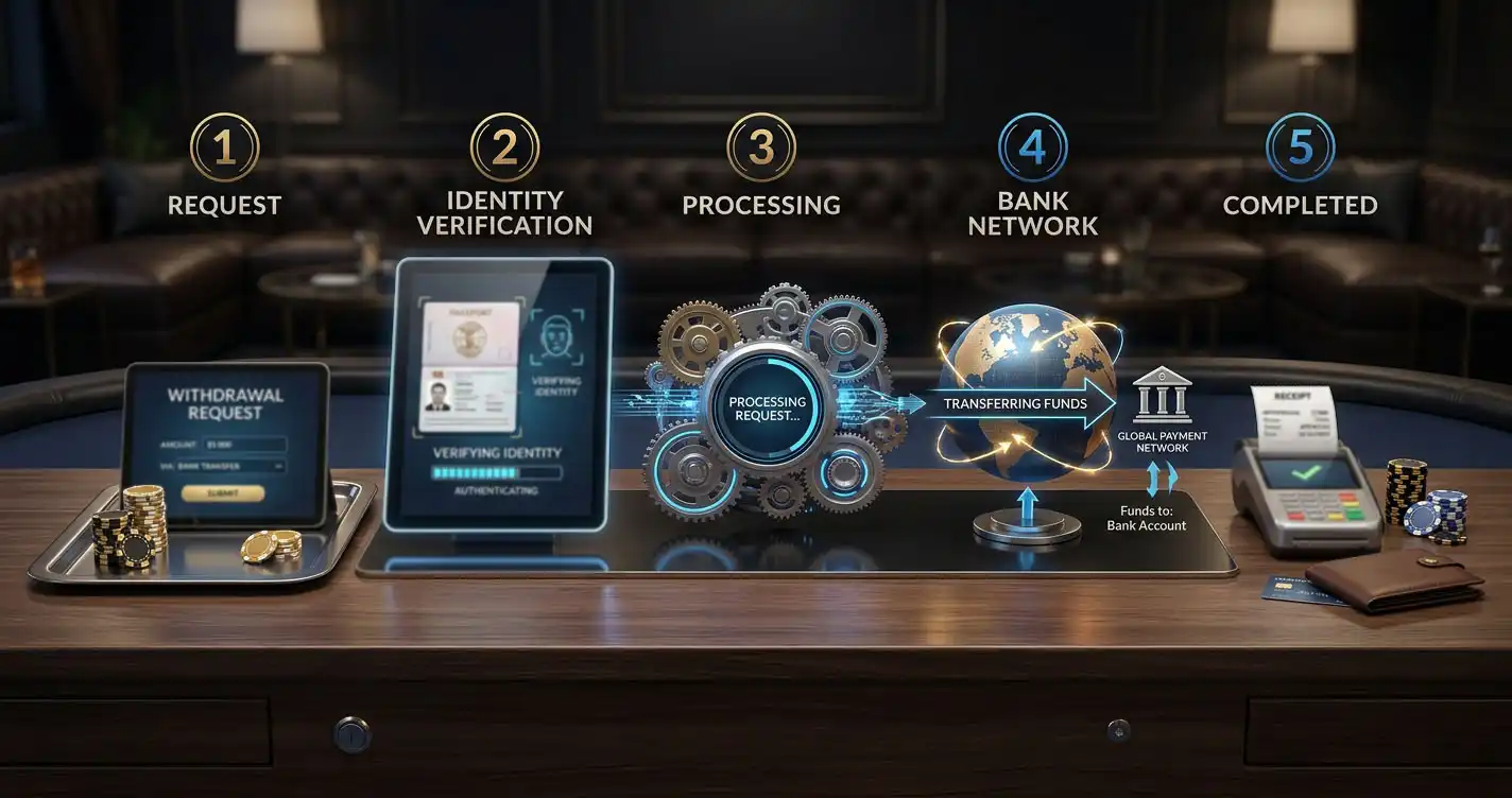 Illustration of a withdrawal request moving through verification, processing, payment rail and receipt stages