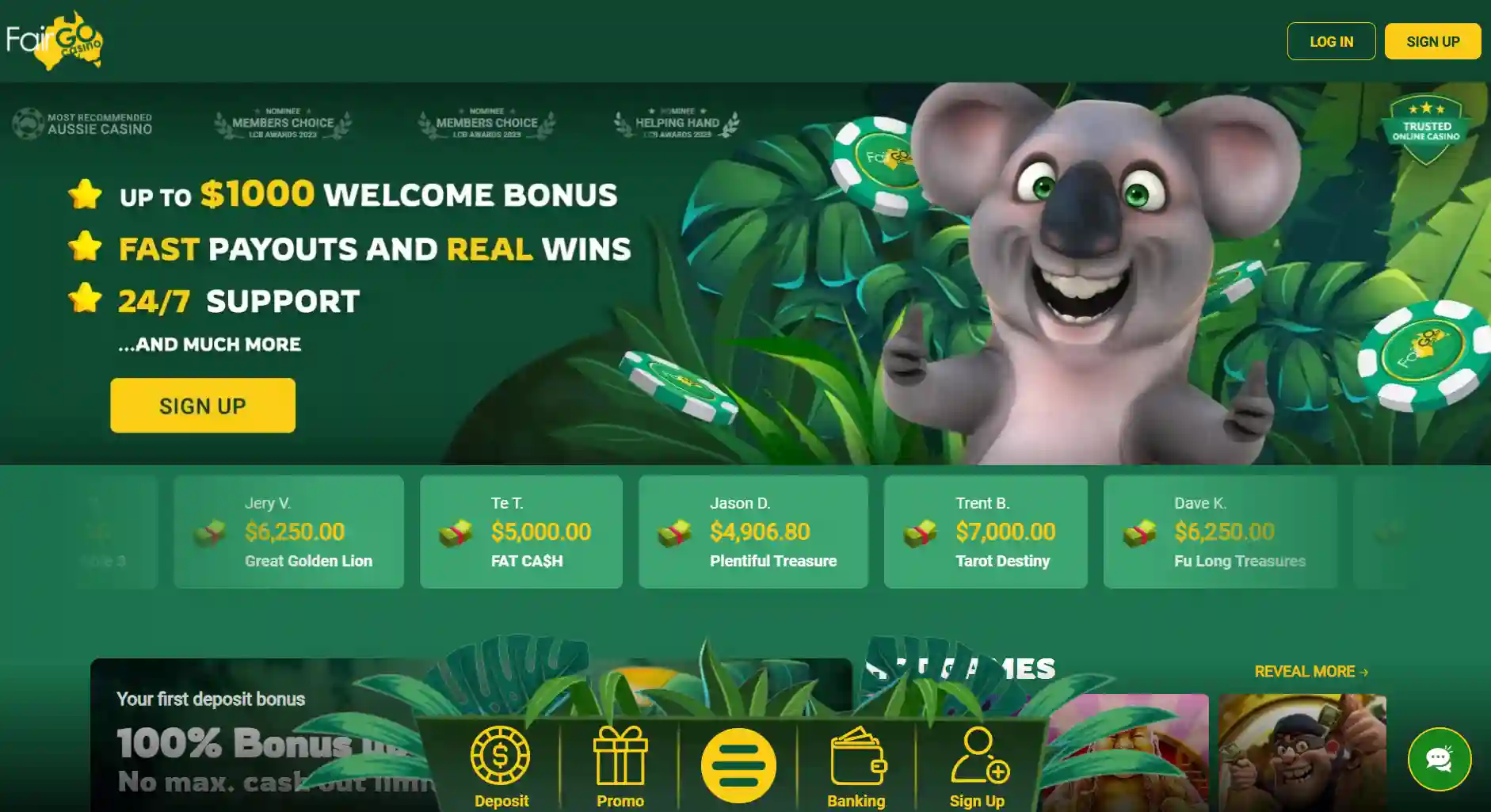 Current Fair Go Casino Australian-facing homepage captured for editorial identification